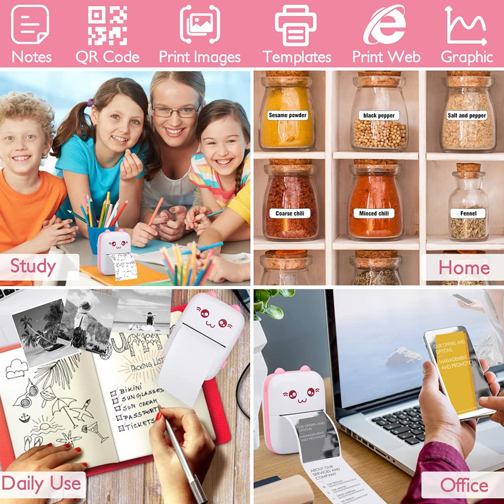 ZORBES Mini Printer, Small Pocket Printer Black and White Printing Bluetooth Thermal Printer Compatible with iOS, Android, Portable Printer with 6 Rolls Printing Paper for Notes, Memos, DIY - Pink ZORBES Mini Printer, Small Pocket Printer Black and White Printing Bluetooth Thermal Printer Compatible with iOS, Android, Portable Printer with 6 Rolls Printing Paper for Notes, Memos, DIY - Pink